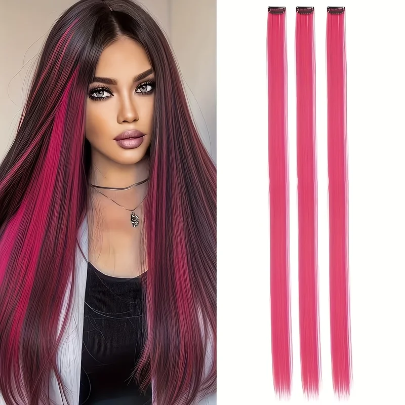 3pcs Set of Women's Rose Wig Clips, Y2K Style Shiny Sweet Cool Girl Style Synthetic Color Straight Hair Clips