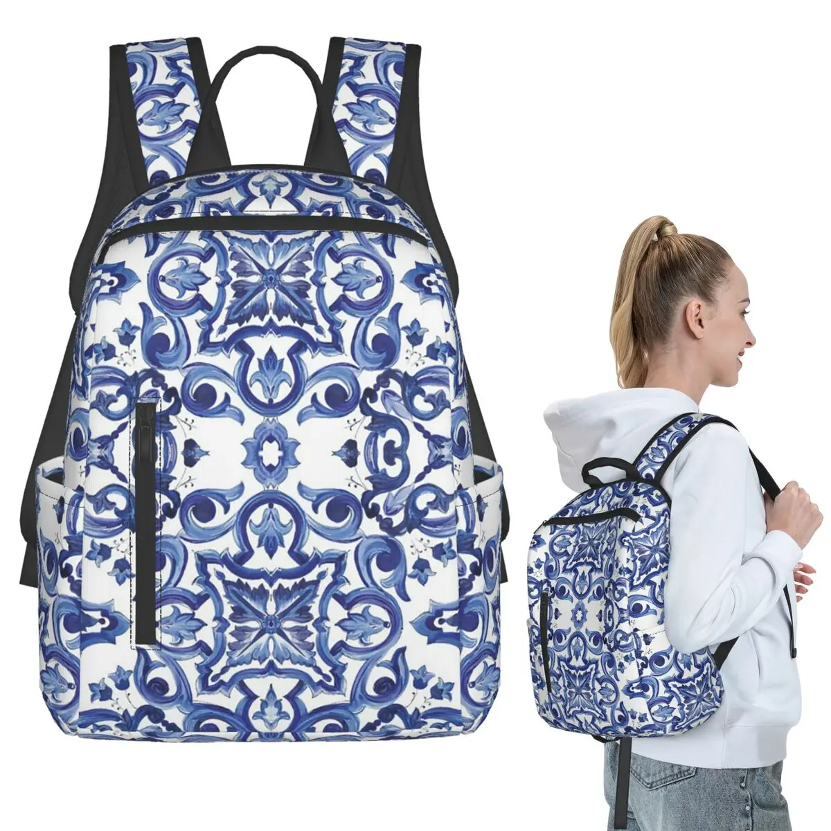 Blue Ornate Floral Mediterranean Sicilian Tile Backpack Student BookBag Boys Girls School Bag Laptop Shoulder Bags Men Women