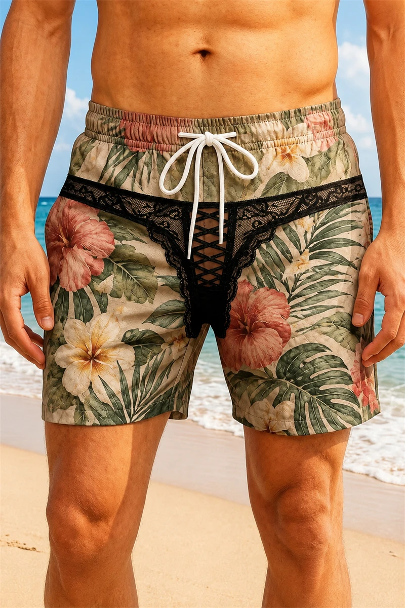 3D Print Fun Fake Underwear Pattern Swim Trunks For Men Floral Hawaii Style Quick Dry Beach Shorts Summer Personality Boyfriend