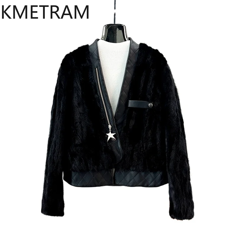سترة نسائية من فرو المنك الطبيعي لعام 100% معطف فرو حقيقي أسود قصير فاخر ملابس شتوية عالية الجودة للنساء 2025 Fourrure