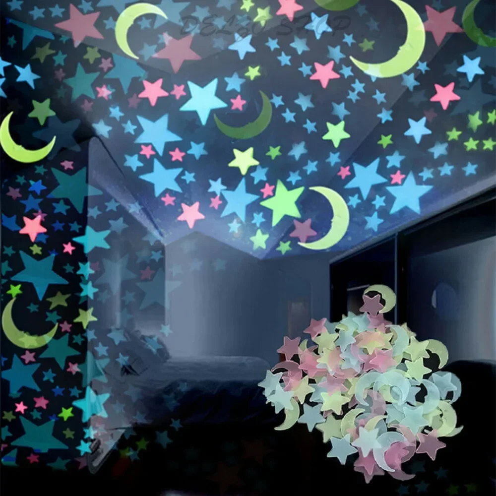 100 Uds pegatinas lunas arte nocturno plástico extraíble dormitorio techo espacio DIY estrella calcomanía estrellas decoración fluorescente