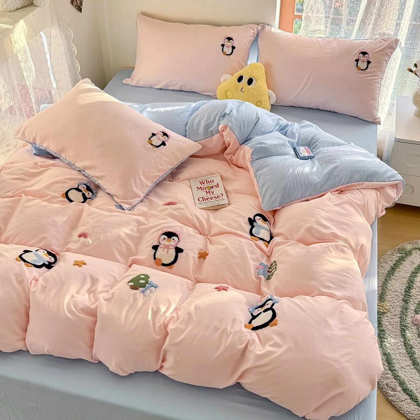 2026 New Korean Ins Bedding Set, Blue Pink Penguin Soft Skin-friendly Cover Set, Single Queen King for Bedroom Dormitory Decor