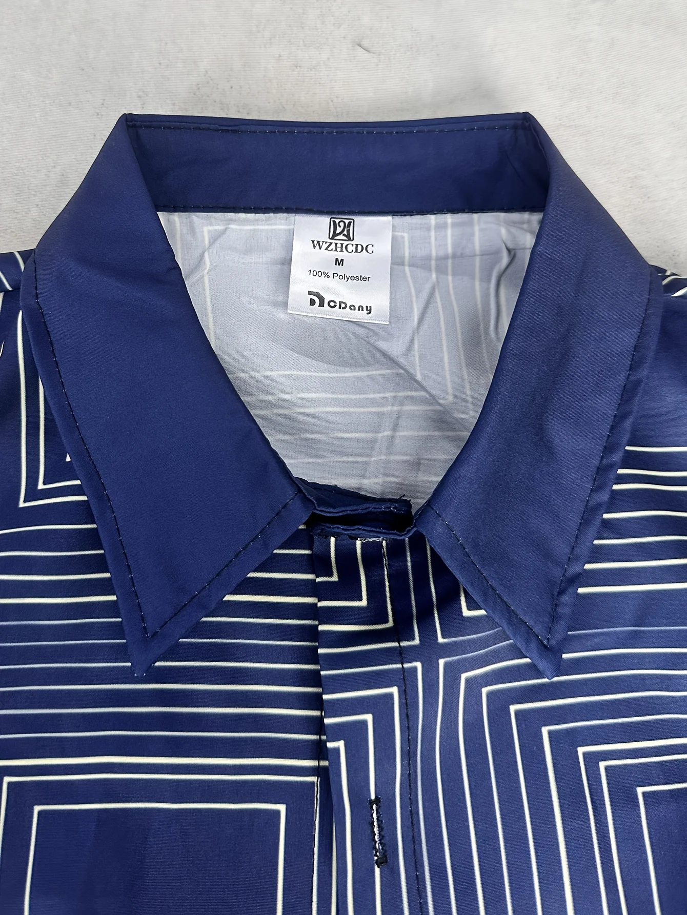 Men Long Sleeve Button Down Shirt Blue Geometric Square Line Print Polyester Lapel Collar Casual