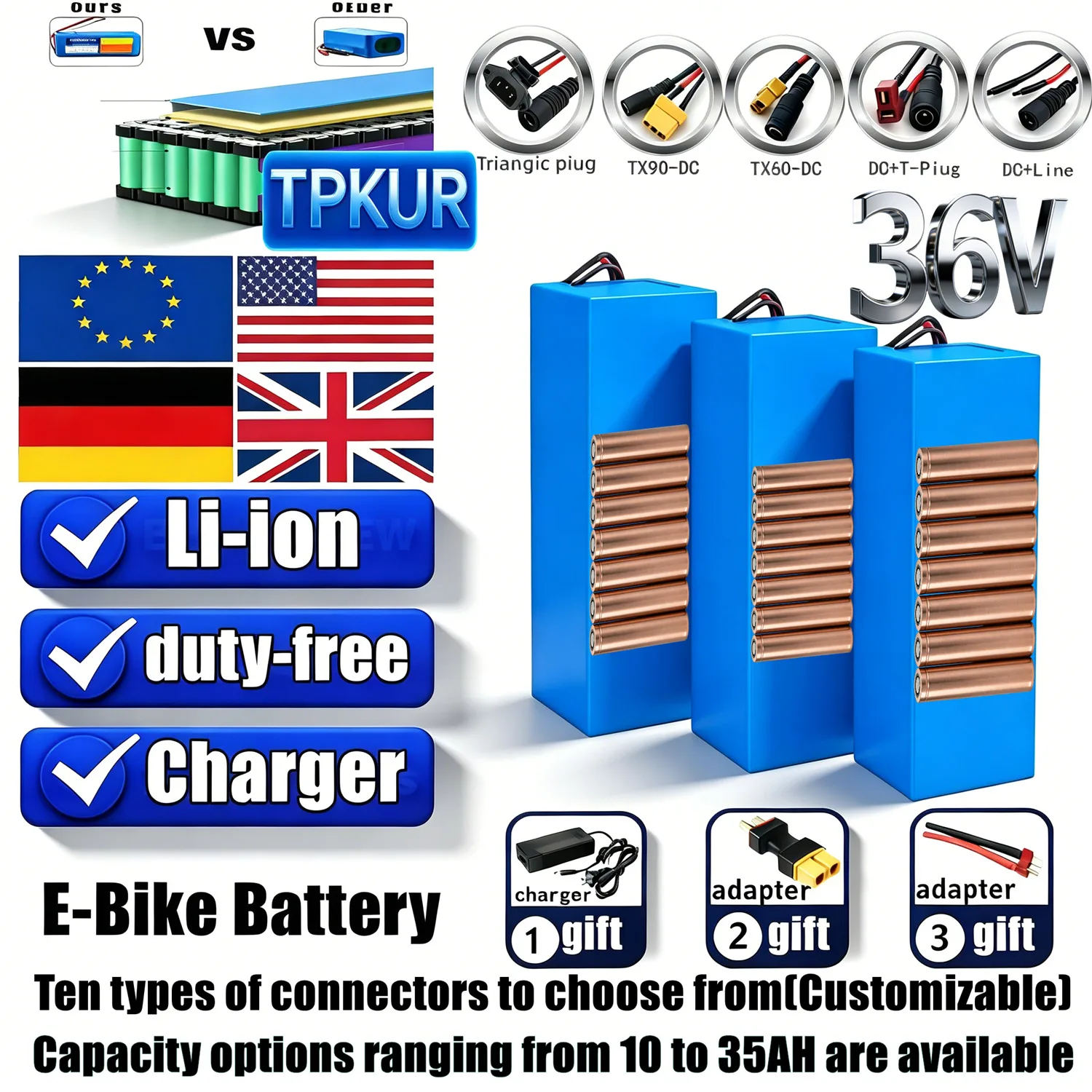 36V 10S6P Lithium Battery Pack 10-35Ah Full Capacity Coverage, Suitable for 100-1000W Full Power, Built-in BMS for More Peace of