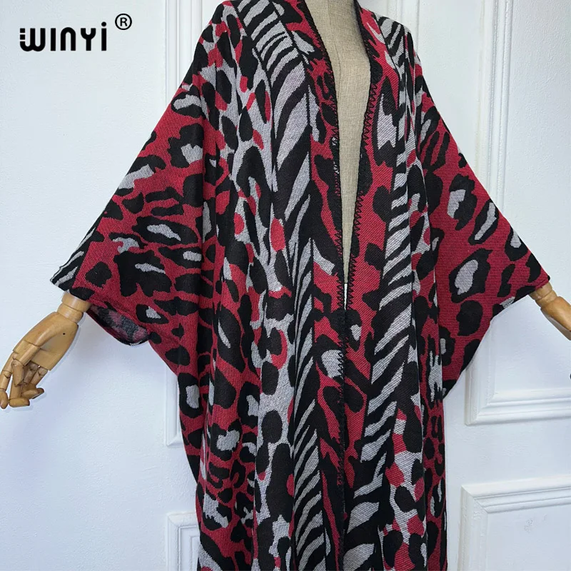 WINYI Leopard print African wonmen Winter long down cardigan maxi party dress Female abaya outwears coat Open Front Loose Kimono