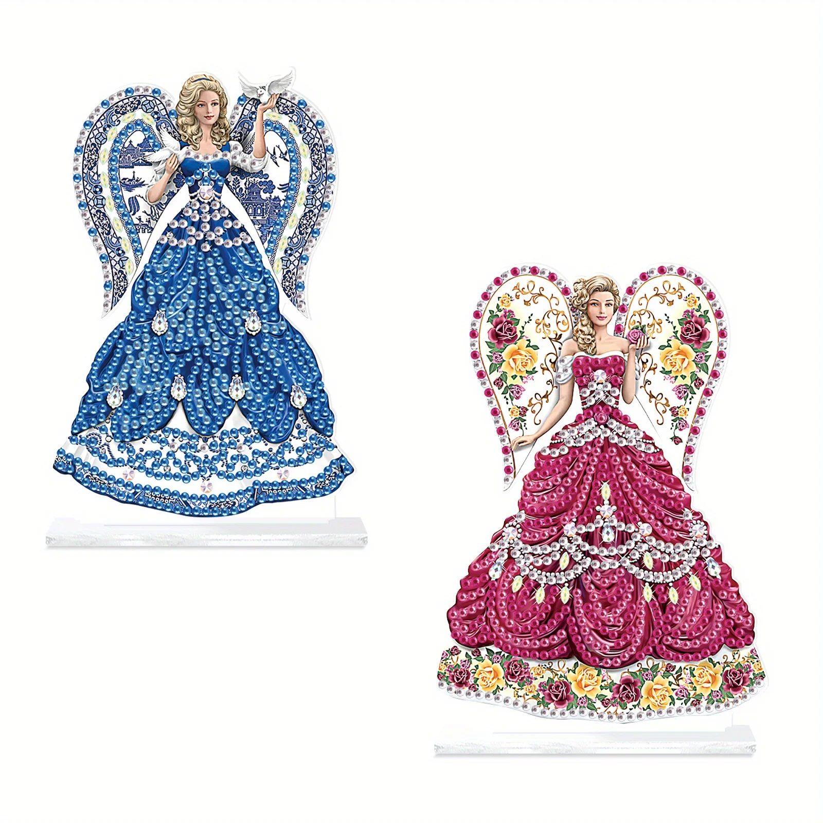 Kit de peinture d'art de diamant debout, ailes rouges et bleues, Genie, cristal de forme spéciale, ornements de table, 2 pièces