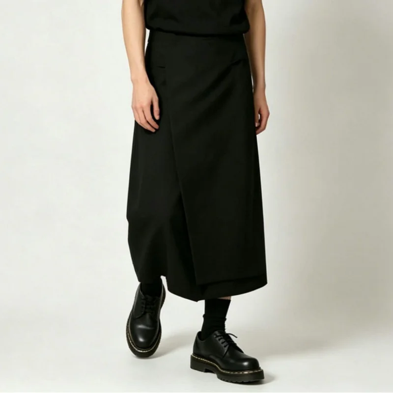 Men'S Casual Pants In Dark Style, Loose-Fitting Skirt-Pants, High-Waisted Wide-Leg Cropped Pants, Versatile S03