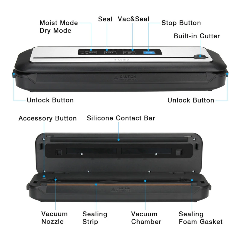 INKBIRD INK-VS01 Vacuum Sealer Automatic Sealing Machine for Food Preservation Dry&Moist Sealing Modes Built-in Cutter For home