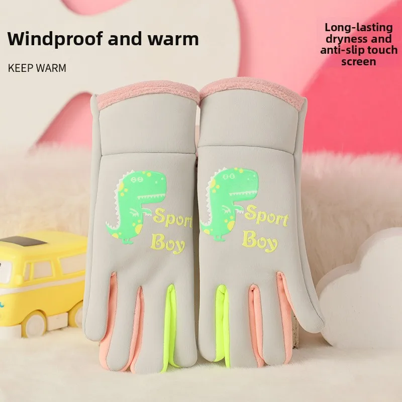 Winter Children's Gloves - Warm, Cartoon-Flocked Five-Finger Outdoor Cycling Gloves for Boys and Girls