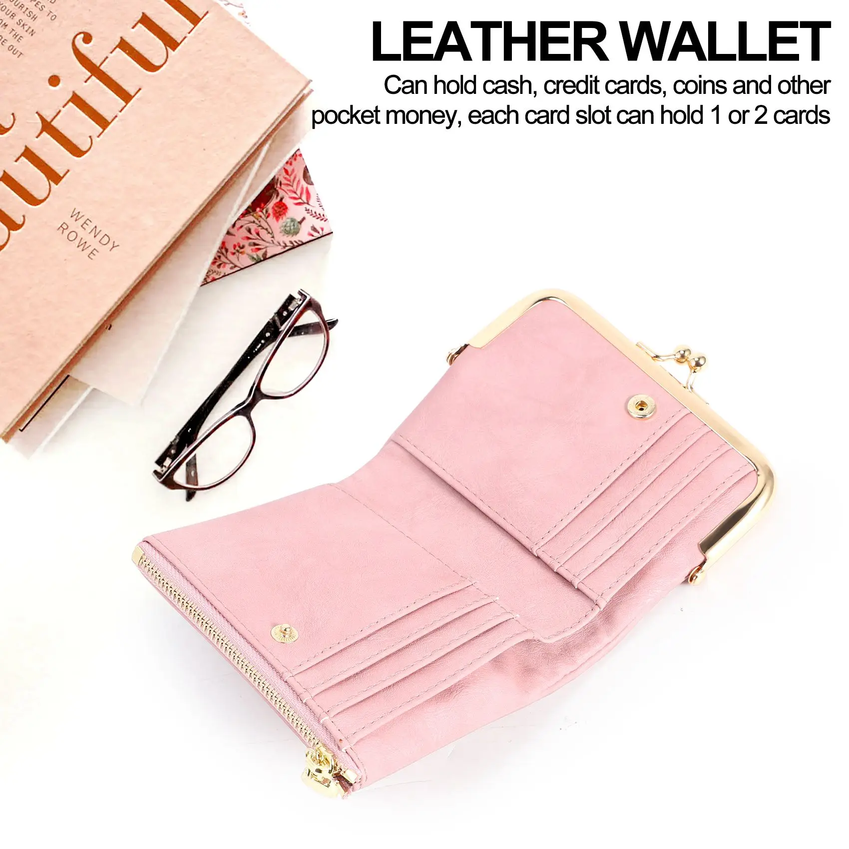 ABQR Women's Short Wallet Bifold Retro Multifunction Coin Purse with Zip and Kiss Lock Pink
