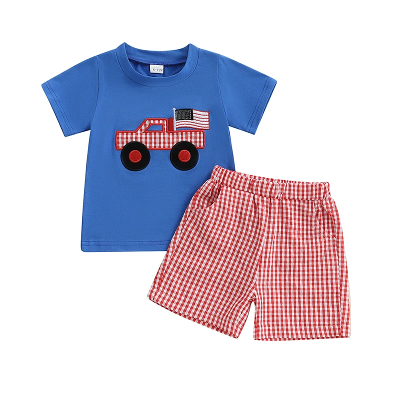 

Baby Boys Shorts Set Short Sleeve Embroidery Truck T-shirt with Plaid Shorts Summer Outfit for 4th of July
