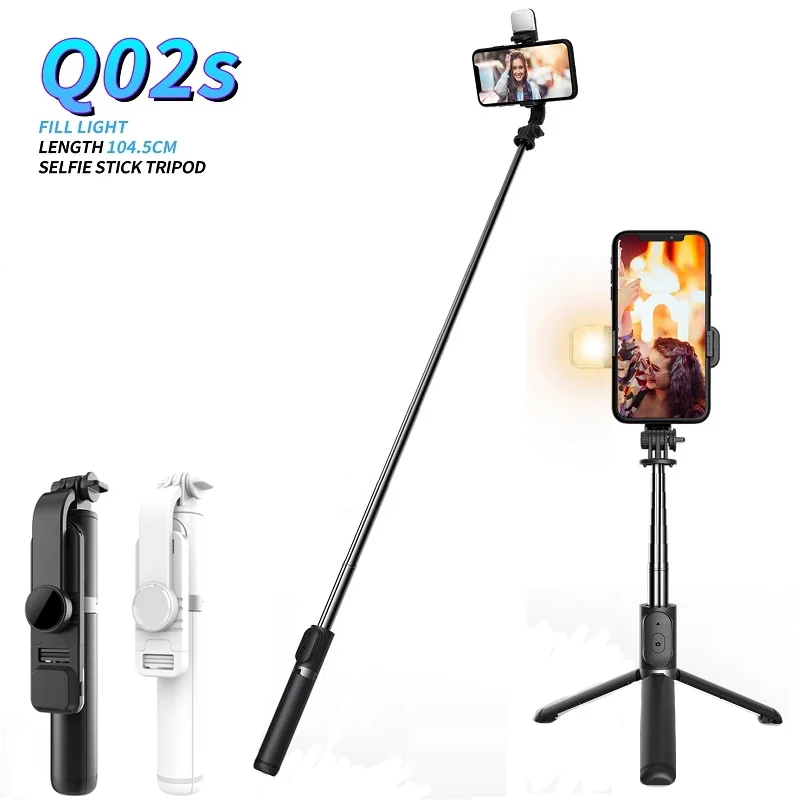 Q02s ไร้สายบลูทูธ Selfie Stick Monopod แบบใช้มือถือแบบพับได้เสริม Stable ขาตั้งกล้องขยายได้พร้อมไฟ LED ชัตเตอร์ระยะไกล