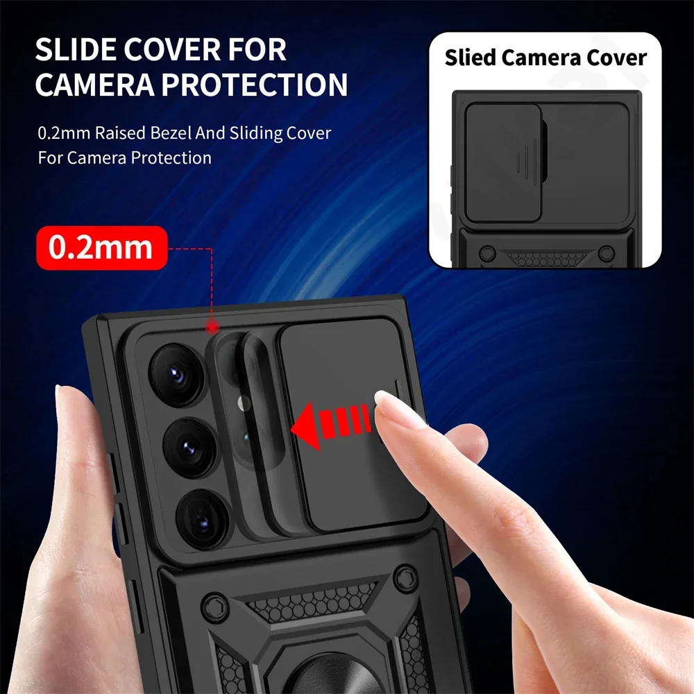 Case For Samsung S24 S23 S22 Ultra S21 S20 FE Galaxy A25 A35 A54 A14 5G Camera Lens Cover Phone Ring Stand Armor rotate Cover