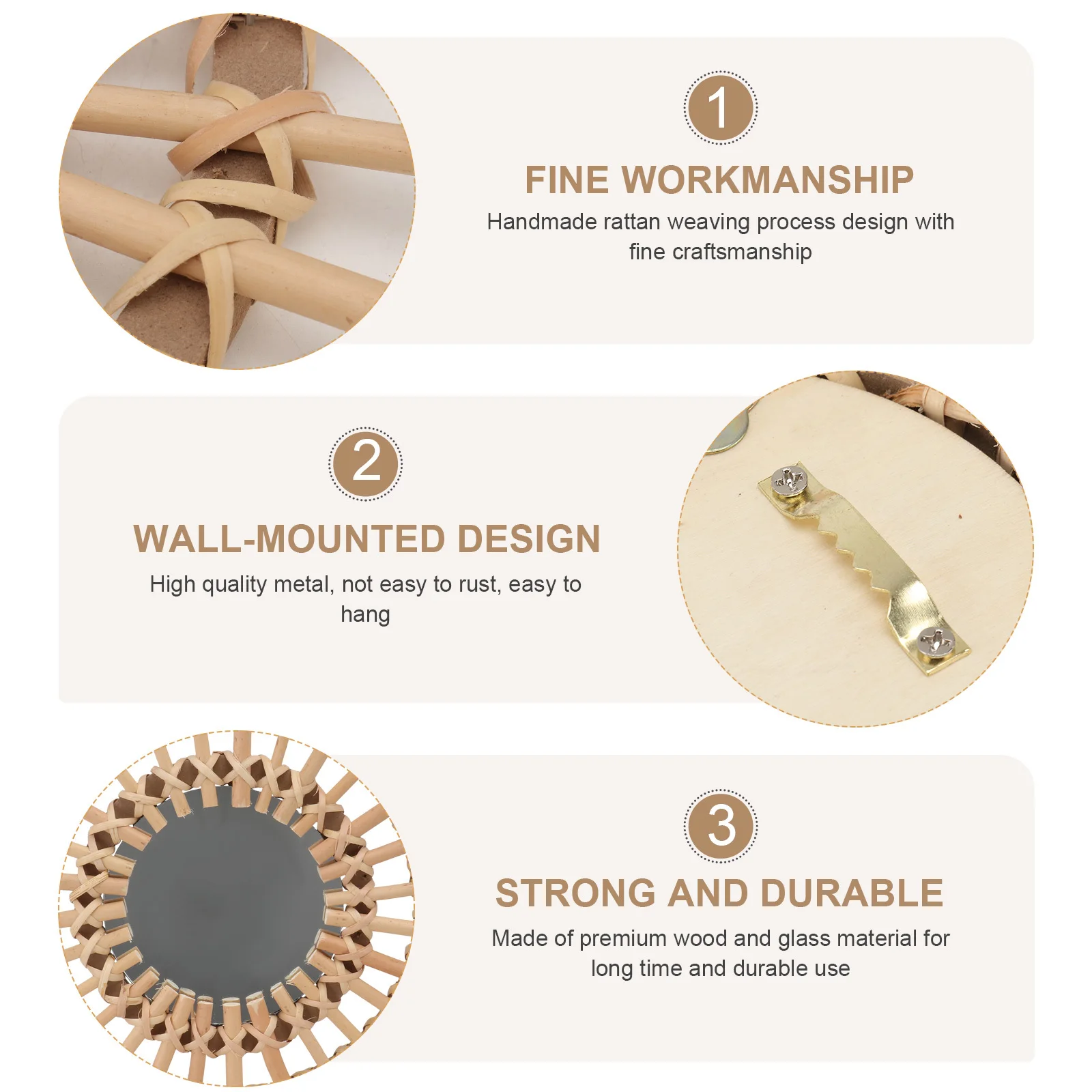 

Hand Woven Rattan Mirror Wall Mounted Eco-Friendly Minimalist Design Khaki Makeup Decorative Home Art Rattan Woven Mirror