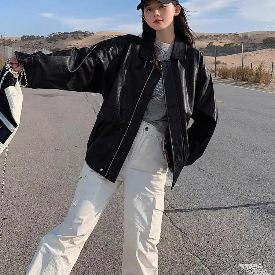 Retro Brown Leather Jacket Women's Hong Kong Style New Spring Autumn High Loose American Retro Motorcycle Jacket Top 4