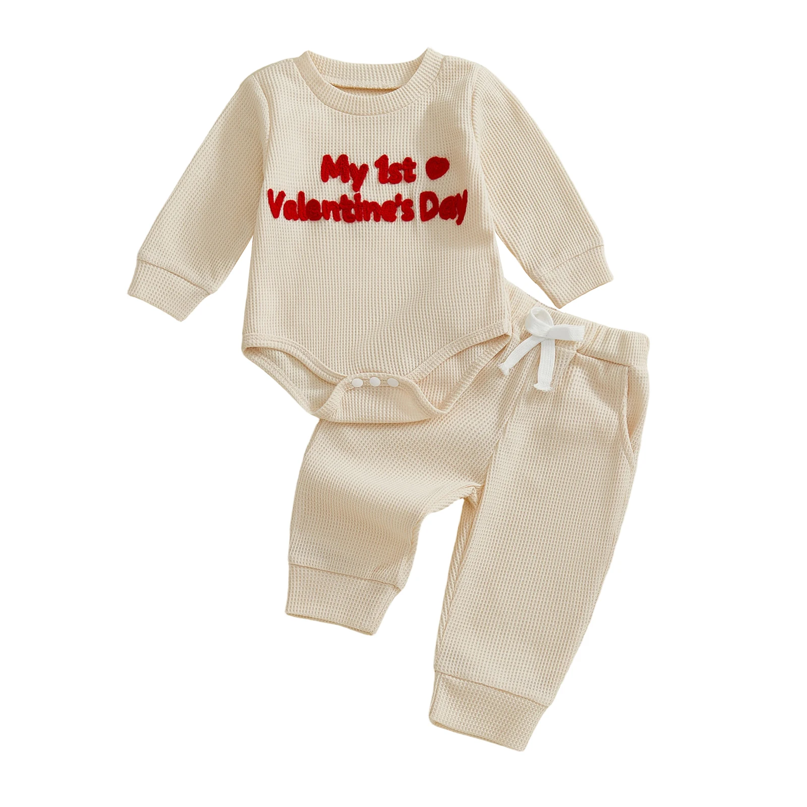 Baby Boys Valentine's Day Outfit Long Sleeve Crew Neck Letter Embroidery Romper Drawstring Pants Sets