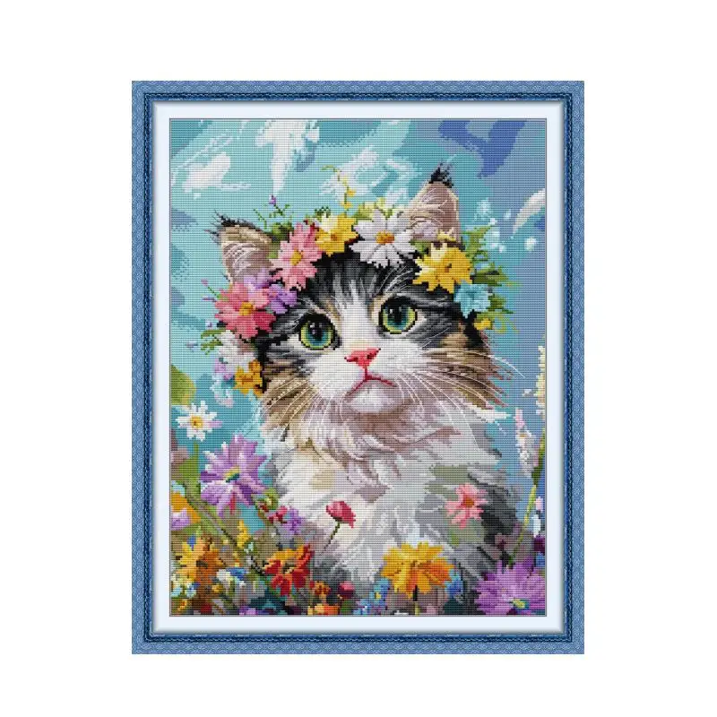 Handicraft Needle Complete Kit Pink-Nosed Kitten Prints Embroidery Set For Beginner Cross Stitch Embroidery Gift For Women Girl