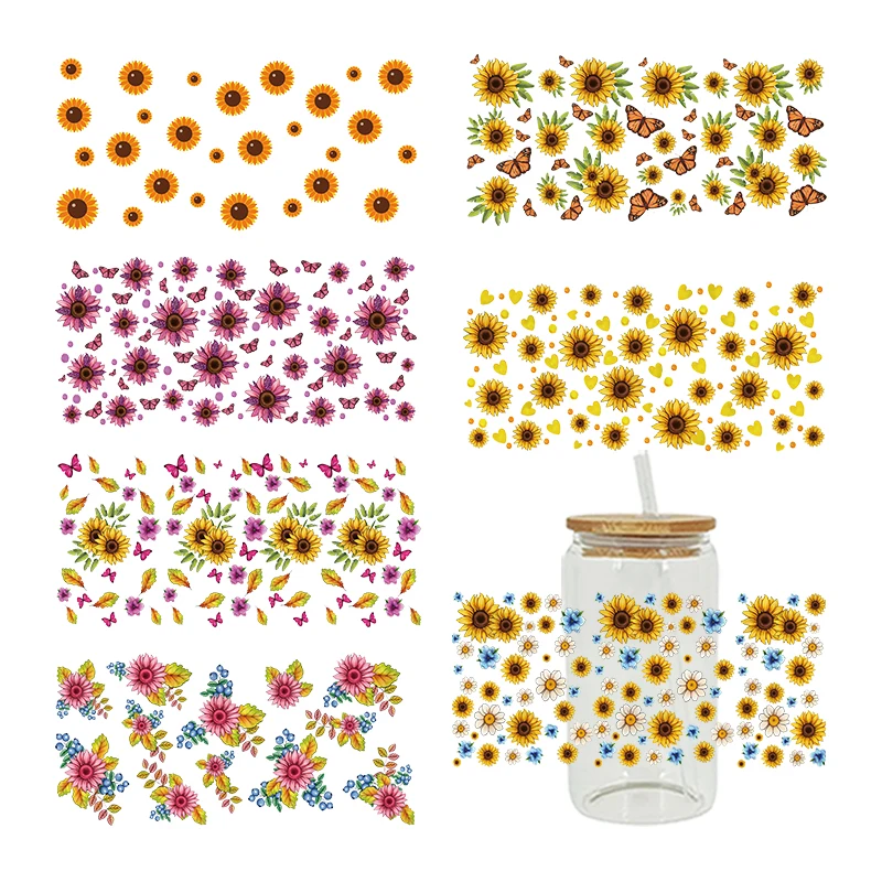 UV DTF Transfer Sunflowers Pattern Stickers Libbey Cup Wrap Iron For Glass 16oz D17506