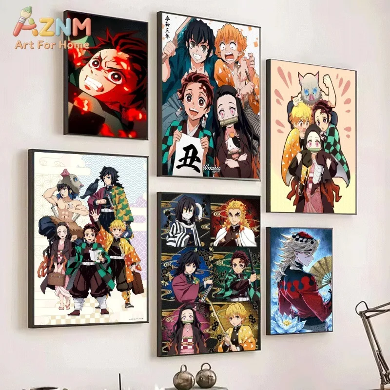 Demon Slayer Main Character Group Portrait Tanjiro Nezuko Zenitsu Inosuke Anime Canvas Wall Art Unframed Single Canvas Print Wal