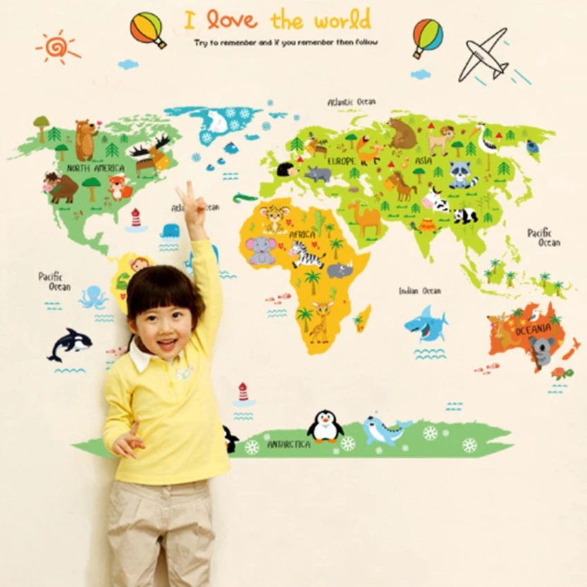 Cartoon Animal Tribe Map Wall Decals Children Education Puzzle Game Know World Vinyl Stickers DIY Home Decoration for Kids Room