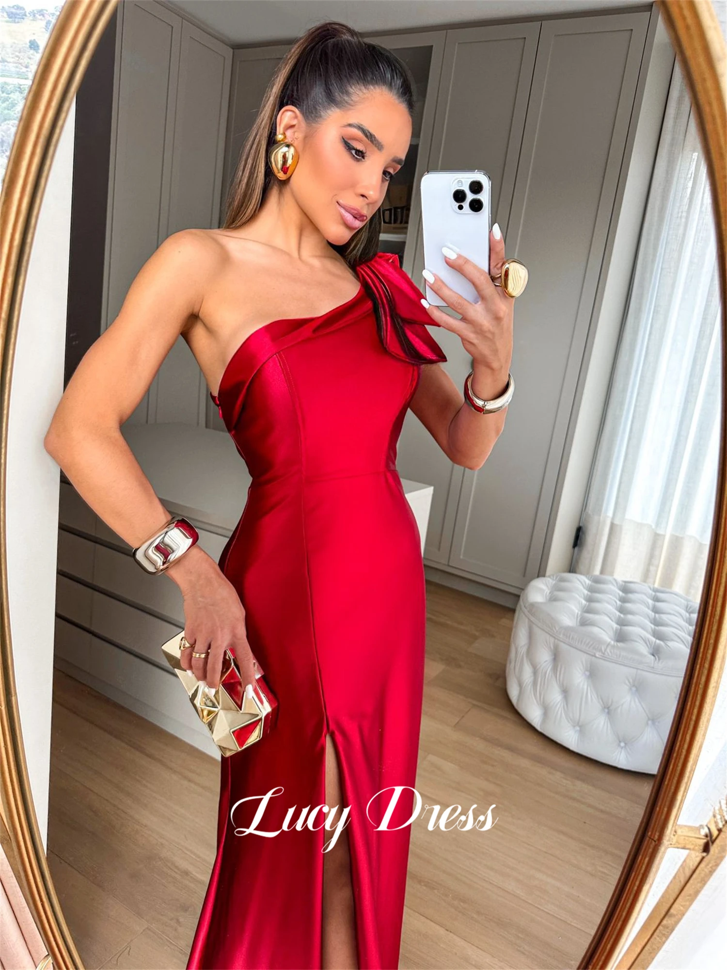 Lucy Red Wedding Party One Shoulder Sleeve Bridesmaid Dress Mermaid Satin Graduation Gown Elegant Evening Dresses 2024 Prom