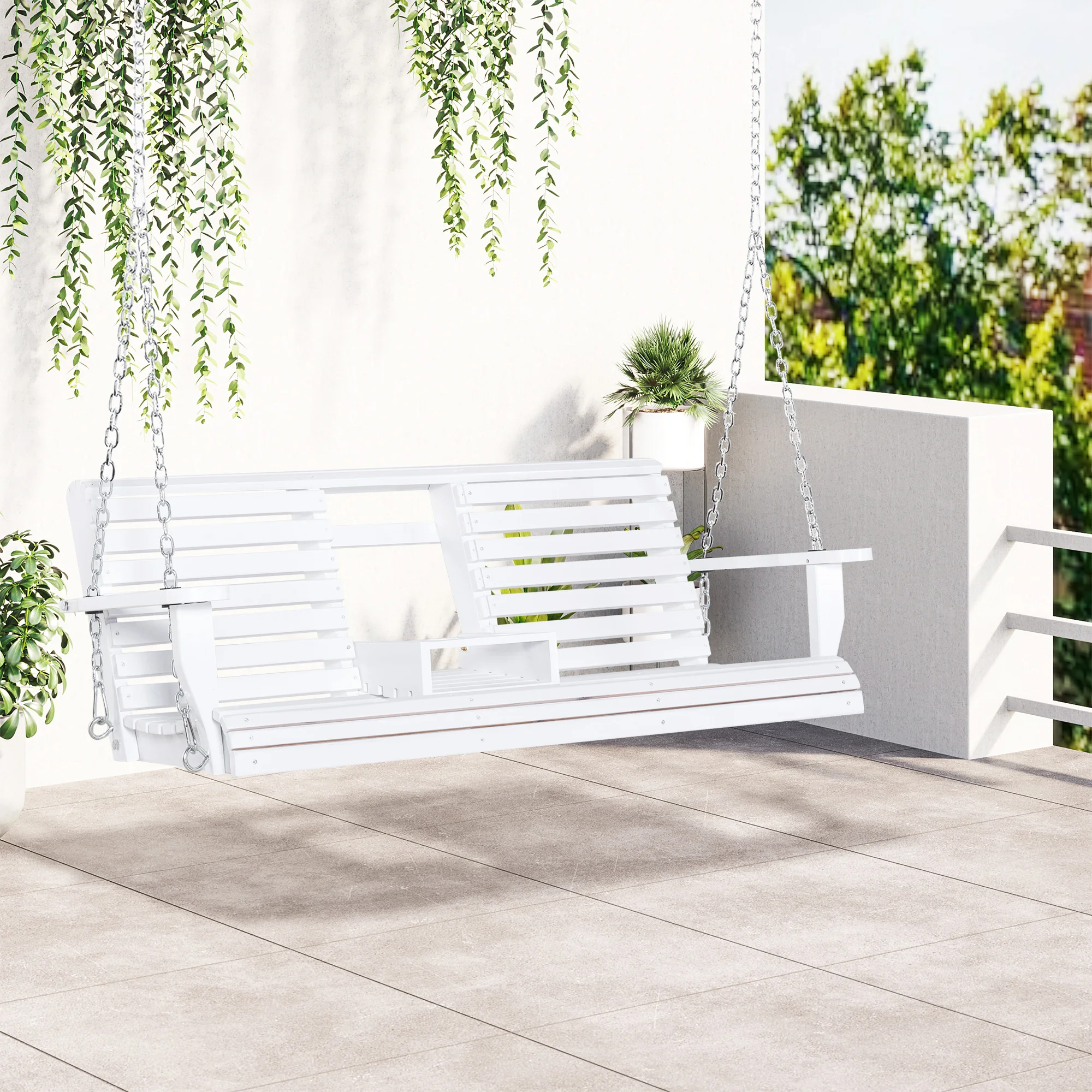3-Seater Wooden Porch Swing, Patio Swing Bench with Folding Coffee Table, Cup Holders and Chains Included, 440lbs Weight Capacit