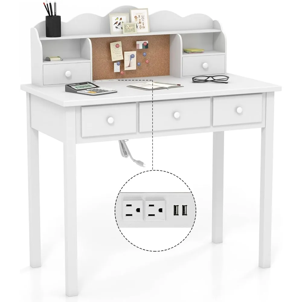 White Writing Desk with Hutch and Drawers, 36 Inch Home Office Desk with Charge Station, Computer Work Station with Storage Shel