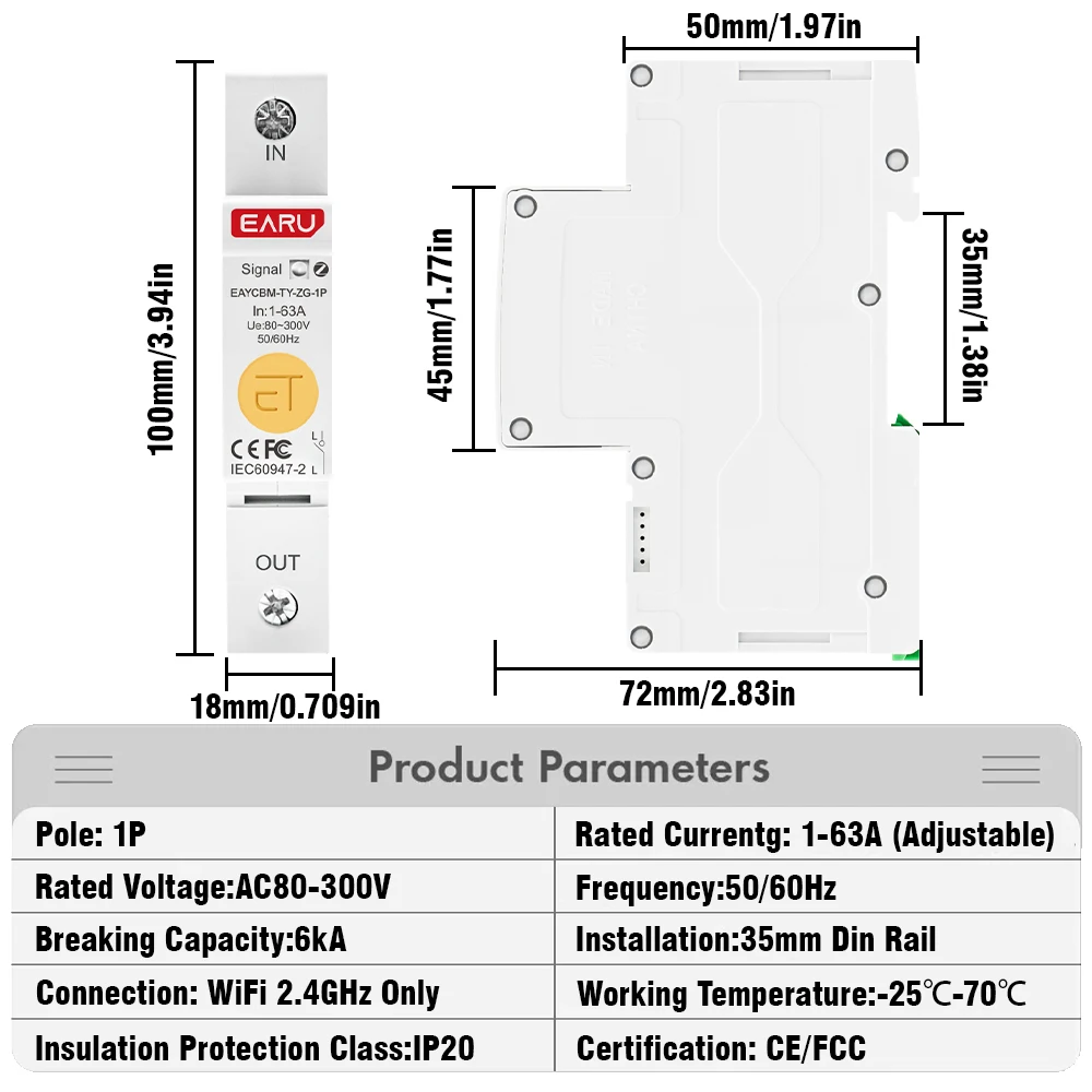 1P TUYA Zigbee WIFI Leakage Measurement Intelligent Circuit Breaker EAYCBM-T 1P Kwh Time Relay Switch Leakage Voltage Protection