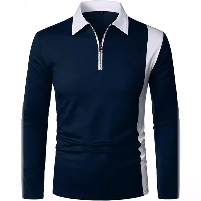 2024 European and American New Men's T-shirt Fashion Spliced Zipper Lapel Long Sleeved T-shirt Polo