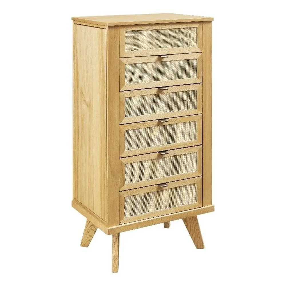 

5Drawer Wood Jewelry Armoire, Natural Brown Finish, Cane Inlay, Flip Top with Vanity Mirror, Hidden Storage, Hooks and Ring Tra