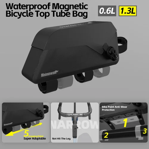 Imagen 2 del producto Rhinowalk-bolsa para tubo superior de bicicleta, 100% resistente a la lluvia, cierre magnético seco, bolsa para cuadro frontal de ciclismo con correa o instalación de tornillo