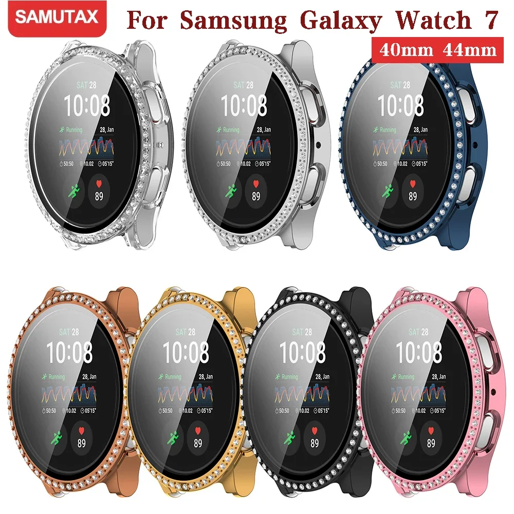 Case for Samsung Galaxy Watch 7 6 5 4 40mm 44mm Screen Protector PC Bumper Tempered Glass Diamond Integrated Protective Case