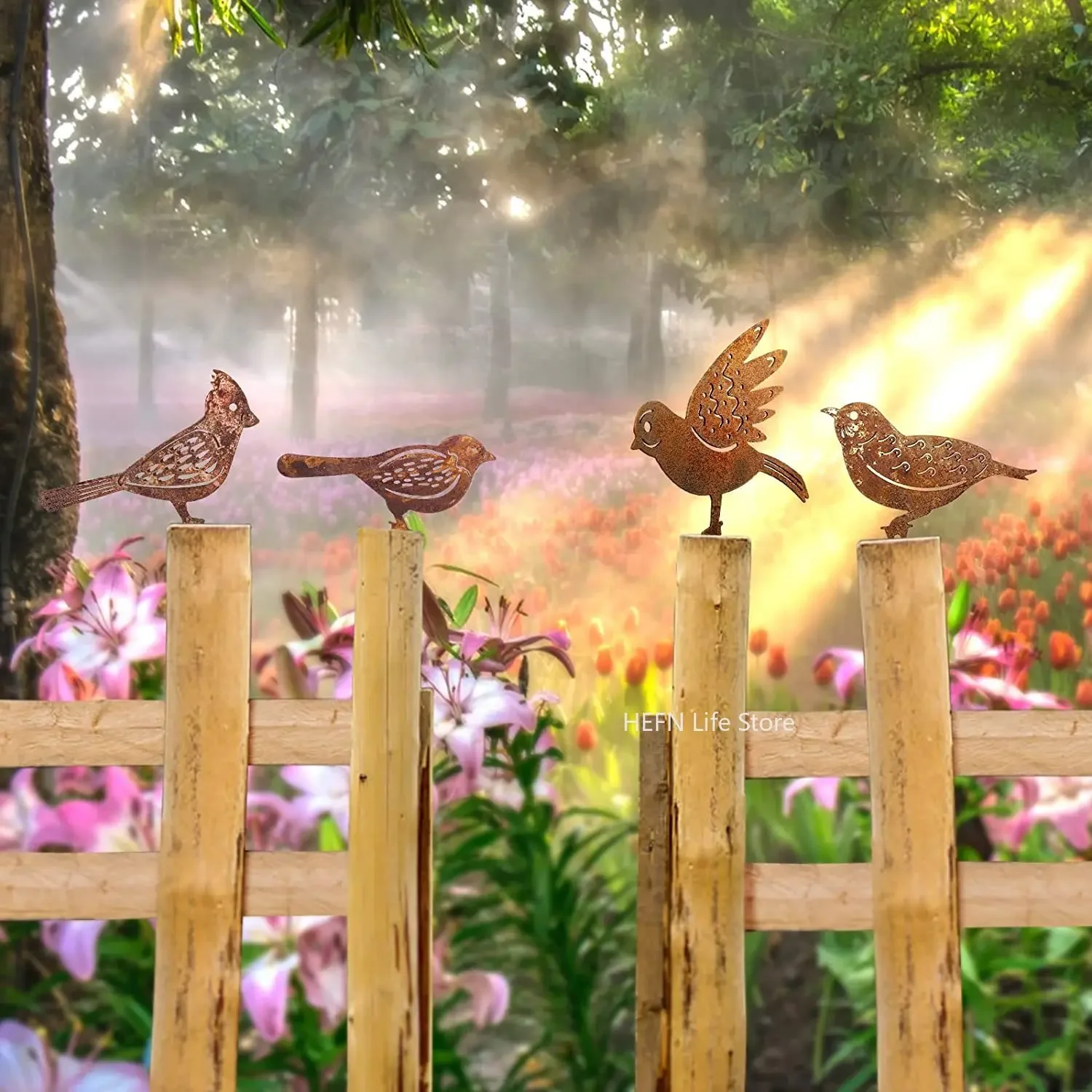 4pcs Metal Bird Rusty Metal Bird Silhouettes Garden Fence Decor Woodpecker Robin Steel Country Yard Art Gardening Decoration