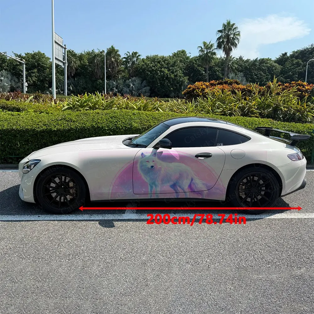 2pcs Purple Pink Glowing Silver Wolf Car Side Wrap, Self-Adhesive PVC Waterproof & Scratch-Resistant Sticker, Car Accessory Gift