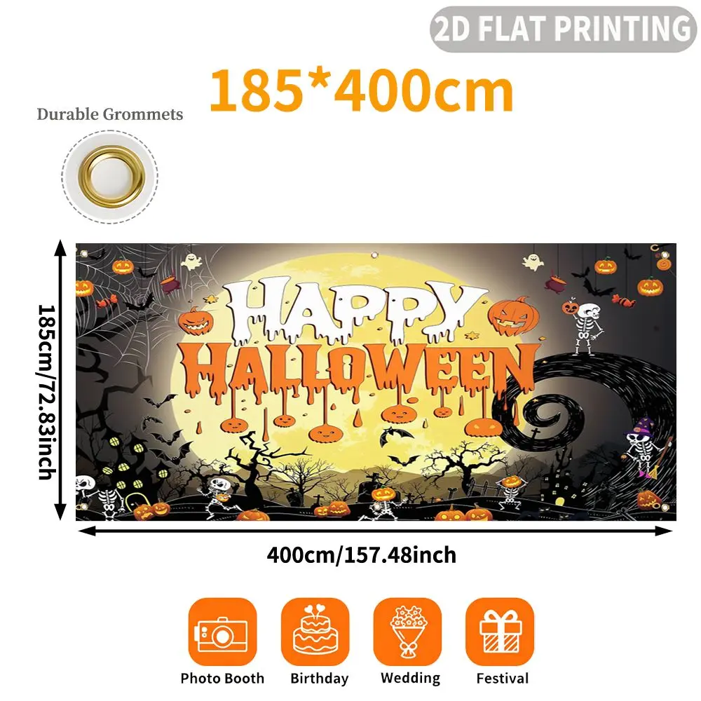 1pc 2D FLAT Halloween Party Garage Banner, Happy Halloween Pumpkin Skeleton Bat Pattern, Decorative Polyester Banner