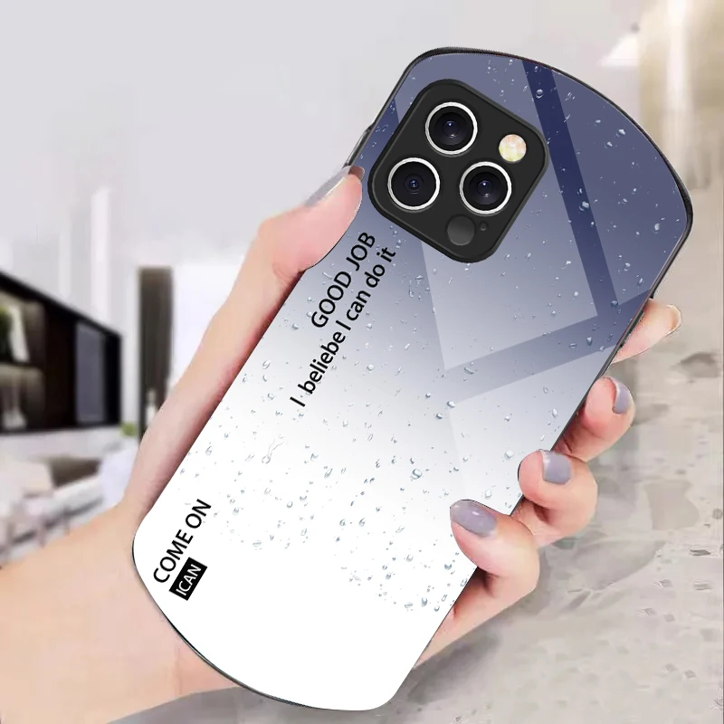 Gradient solid color For iPhone 16 15 14 13 Plus 12 mini 11 Pro Max XR Xs X 7 8 6 6S 2022 Elliptical Tempered Glass Phone Case