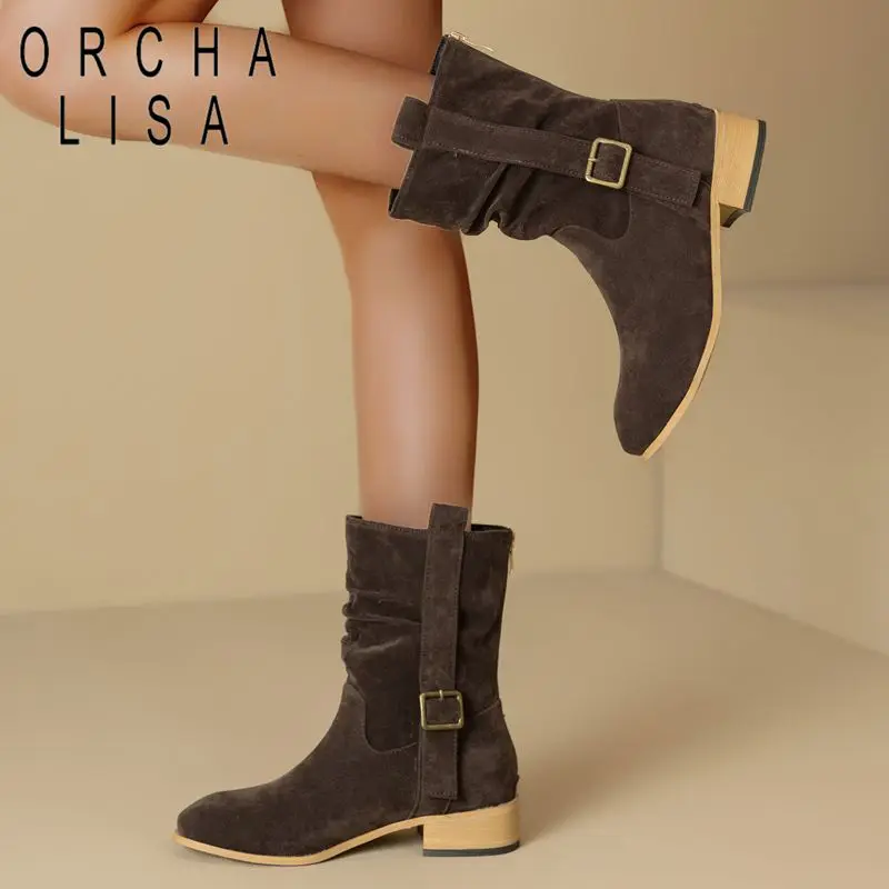 orcha-lisa-hot-khaki-donna-stivali-a-meta-polpaccio-flock-pelle-scamosciata-cerniera-posteriore-fibbia-per-cintura-suola-spessa-35-cm-taglia-grande-46-47-48-morbido-inverno