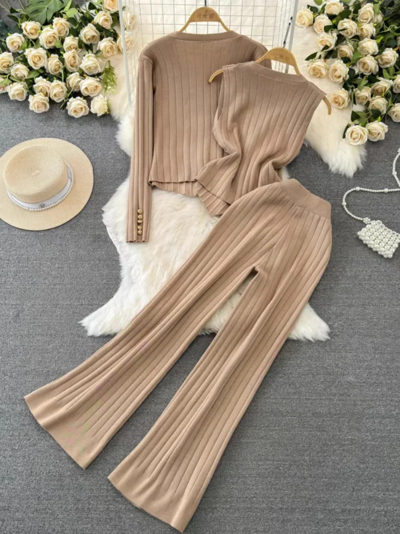 New Korean Fashion 3 piece sets women outfit Knitted Long Sleeve V-neck Cardigan Sweater + Vest + Wide Leg Pants Sets Tracksuit