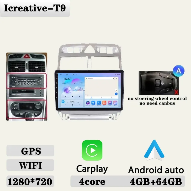 Autoradio voor Peugeot 307 307CC 307SW 2002-2013 Multimedia Carplay Speler Stereo Auto Audio Autoradio Android 9 ''navigatie GPS