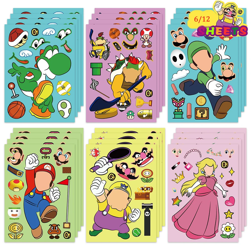 

6/12Sheets Kawaii Super Mario Bros Puzzle Stickers Luigi Yoshi Make-a-Face Children Jigsaw Game DIY Early Education Toys for Kid