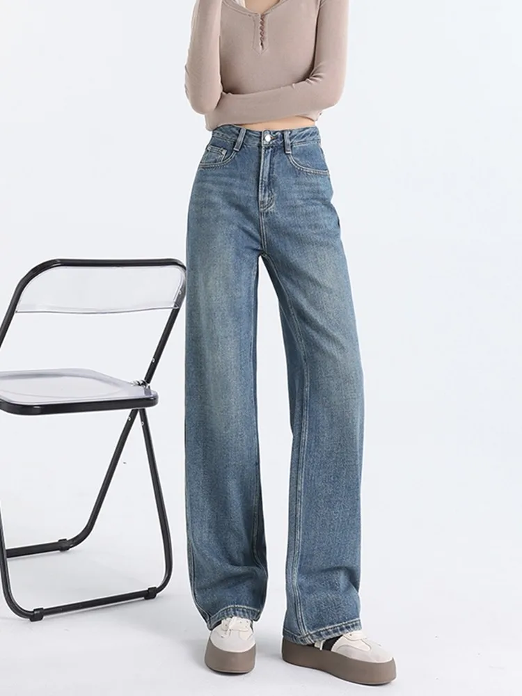 ZHISILAO Vintage Jeans mit weitem Bein für Damen, Winter, warmes Fell, gerade Jeanshose, Winter 2024, Jeans mit hoher Taille