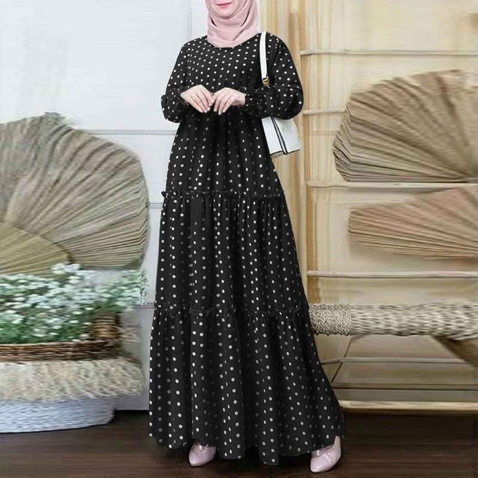 

2023 Women Polka Dots Printed Muslim Dress Ruffles Long Sleeve Islamic Clothing Elagant Casual Dubai Marocain Turkish Vestidos