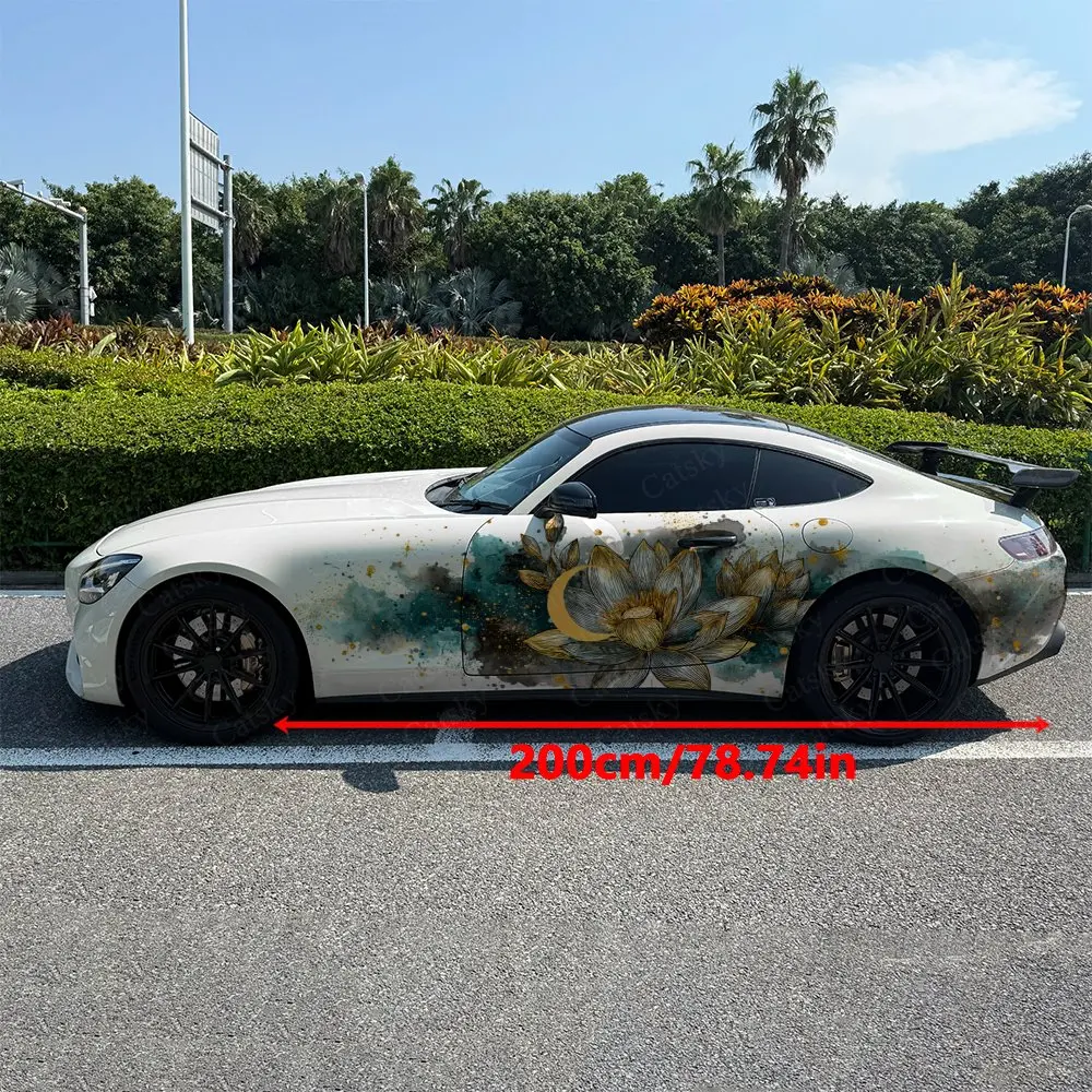 2pcs Gilded Lotus Crescent Splash Car Side Wraps, Self-Adhesive PVC Waterproof & Scratch-Resistant Stickers, Car Accessory Gift