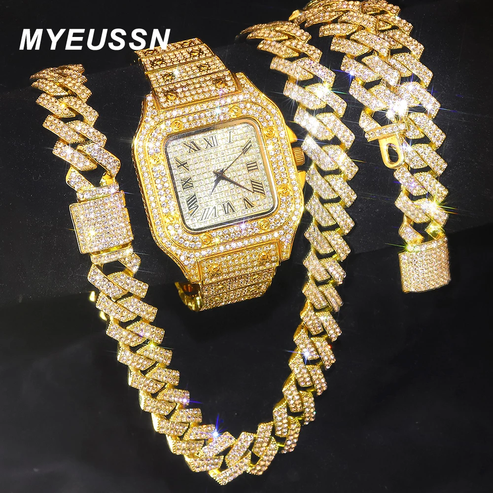 

Gold Color Cuban Chain Watch for Men,Hip Hop Miami Curb,Iced Out Paved Rhinestones,Bling Rapper Necklace, Watch+Bracelet Jewelry