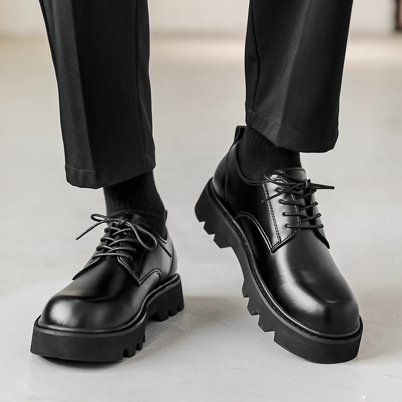 

New Trend Men Dress Shoes Thick Soled Leather Shoes Lace Up Business Men Shoes Platform Work Oxford Shoes Anti Slip Casual Shoes