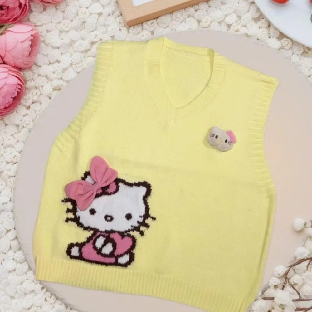Kawaii Hello Kitty V คอถักเสื้อกั๊ก Sanrio อะนิเมะเกาหลีรุ่น Preppy ฤดูใบไม้ร่วงฤดูใบไม้ผลิสาวเสื้อกันหนาวนักเรียนแนวโน้มหวานหลวม