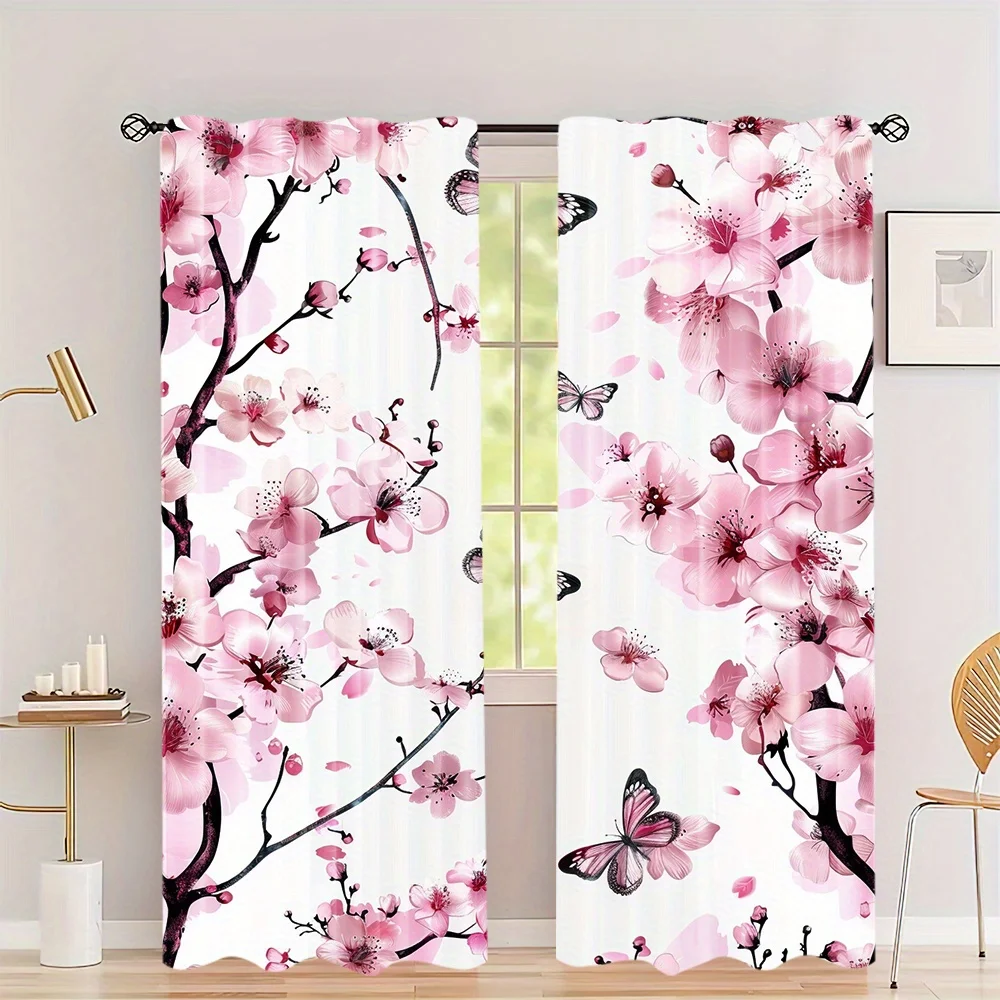 2Panel Chinese Curtain Flower Bird Ink Painting Curtain for Bedroom Living Room Floor-to-ceiling Window Kitchen Blinds W500*H250