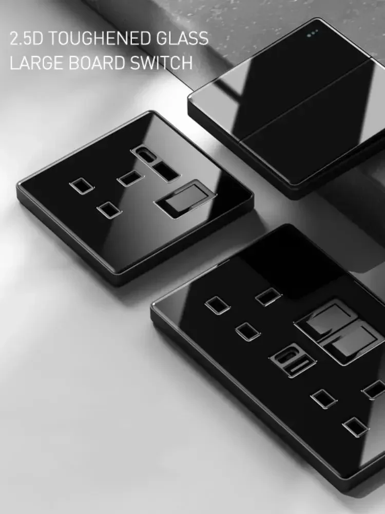 Luksusowe wszystkie hartowane szklane światło ścienne przełącznik przycisk czarny UK wtyczka 13A uniwersalne gniazdo ścienne z Usb, przełącznik prędkości 220V1gang2way — zdjęcie 2