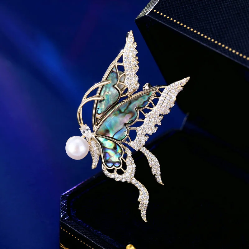 Butterfly Brooch Pin Chinese Style Lucky Auspicious Natural Abalone Shell Pearl Set Zircon Good Fortune Blessing For Women Coat