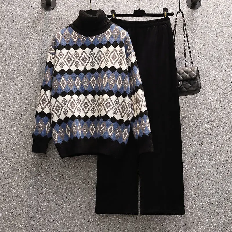 Large Size Spring and Autumn Winter 2022 New Slim Thickened Knitted High Neck Sweater Casual Pants Two-piece Women's Suit